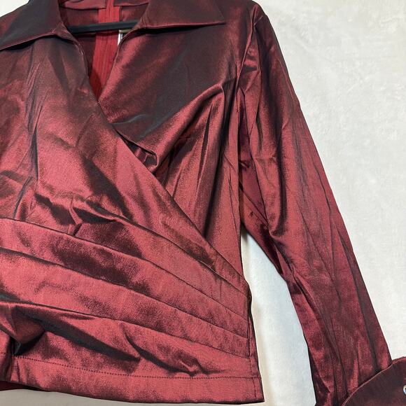 Vintage Tadashi Shoji 16 Red Taffeta 3/4 Sleeve Top Faux Wrap VNeck Elegant Sexy - Picture 2 of 11